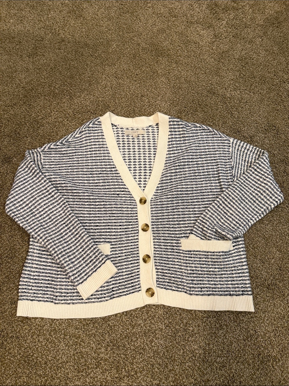 LOFT Cream and Navy Striped Button Front Cardigan